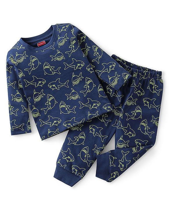 Babyhug Single Jersey Cotton Knit Full Sleeves Night Suit Marine Life Print - Navy Blue