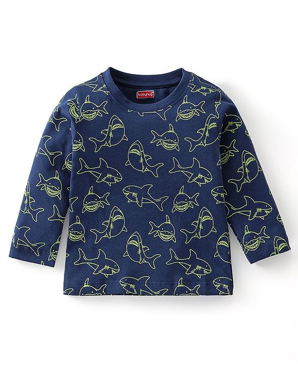 Babyhug Single Jersey Cotton Knit Full Sleeves Night Suit Marine Life Print - Navy Blue
