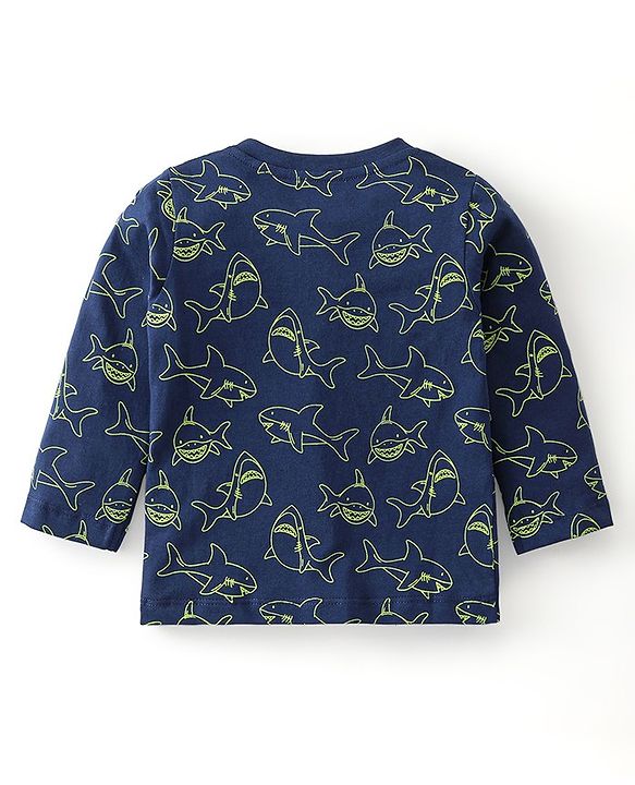 Babyhug Single Jersey Cotton Knit Full Sleeves Night Suit Marine Life Print - Navy Blue