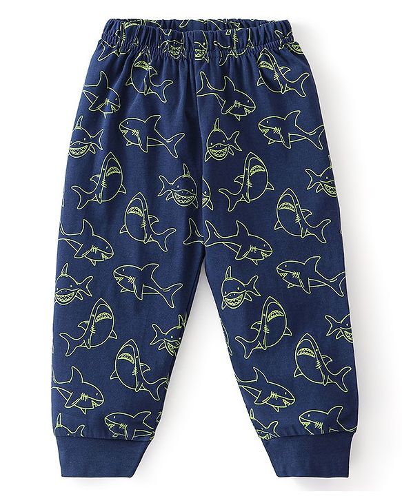 Babyhug Single Jersey Cotton Knit Full Sleeves Night Suit Marine Life Print - Navy Blue