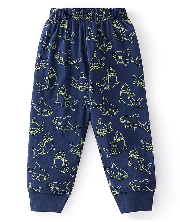 Babyhug Single Jersey Cotton Knit Full Sleeves Night Suit Marine Life Print - Navy Blue