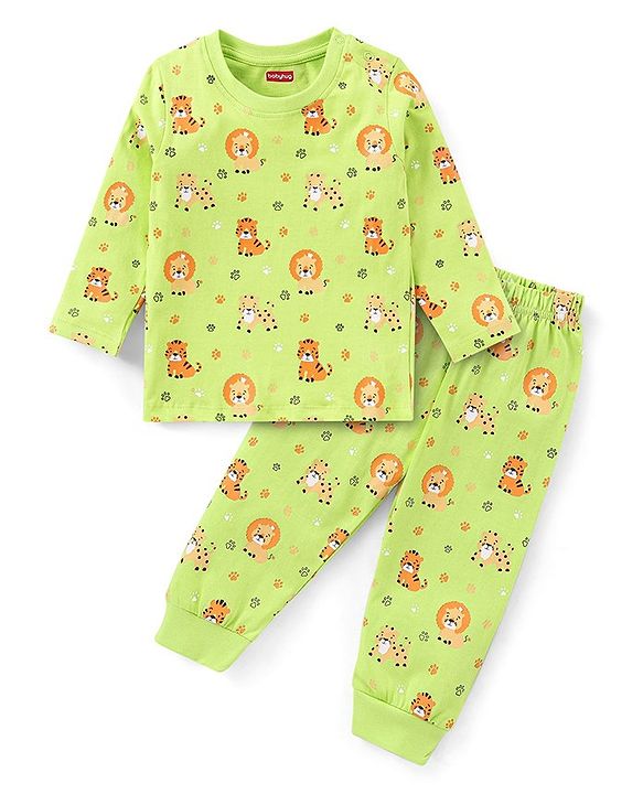 Babyhug Cotton Knit Full Sleeves Night Suit With Tiger & Lion Print - Green
