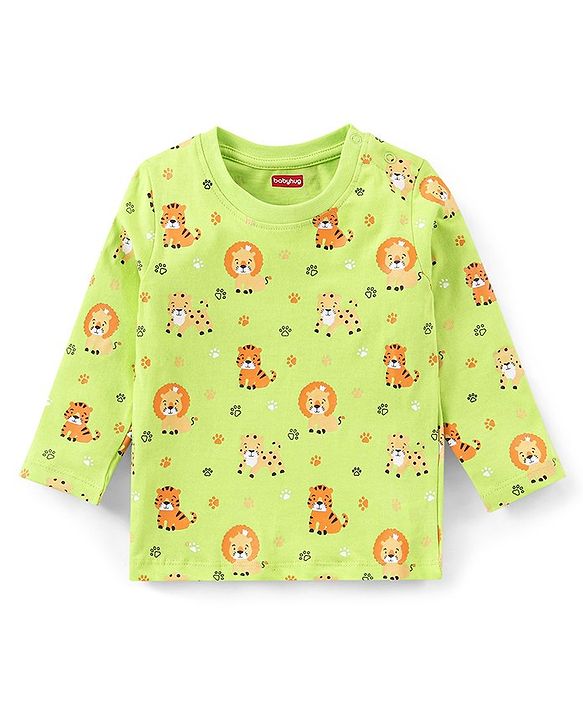 Babyhug Cotton Knit Full Sleeves Night Suit With Tiger & Lion Print - Green