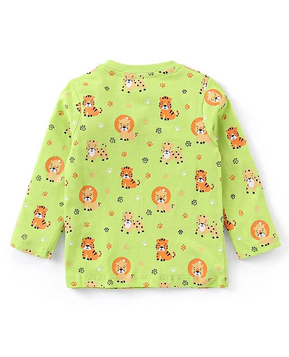 Babyhug Cotton Knit Full Sleeves Night Suit With Tiger & Lion Print - Green