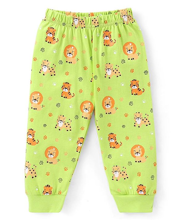 Babyhug Cotton Knit Full Sleeves Night Suit With Tiger & Lion Print - Green