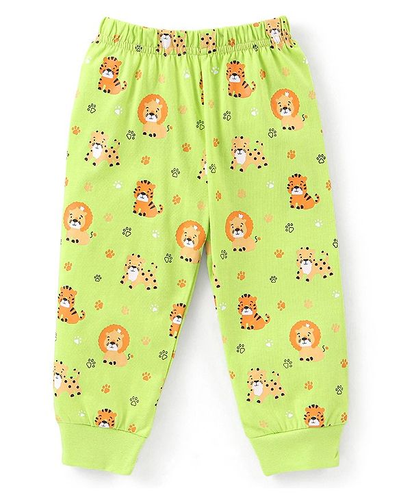 Babyhug Cotton Knit Full Sleeves Night Suit With Tiger & Lion Print - Green