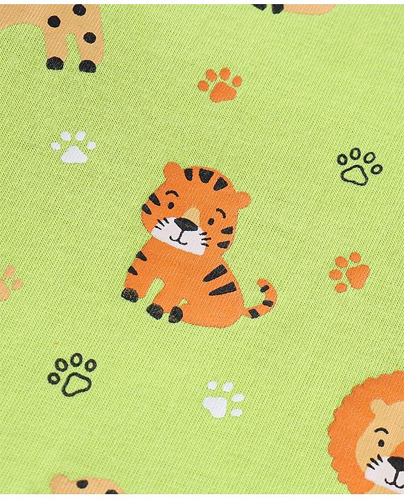 Babyhug Cotton Knit Full Sleeves Night Suit With Tiger & Lion Print - Green