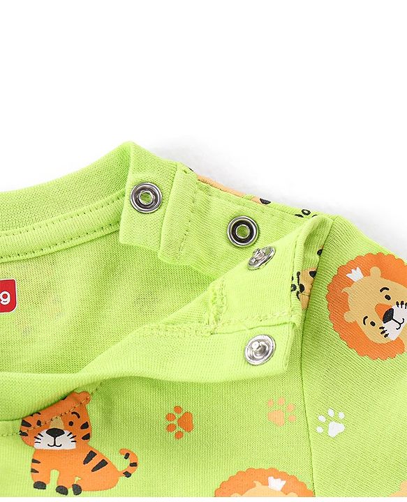 Babyhug Cotton Knit Full Sleeves Night Suit With Tiger & Lion Print - Green