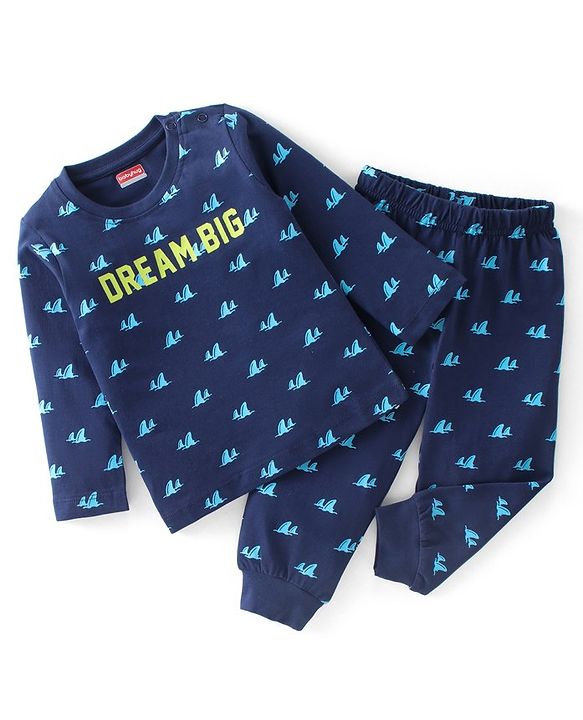 Babyhug Cotton Knit Full Sleeves Night Suit With Text Print - Navy Blue