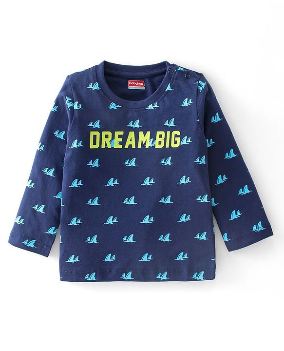 Babyhug Cotton Knit Full Sleeves Night Suit With Text Print - Navy Blue