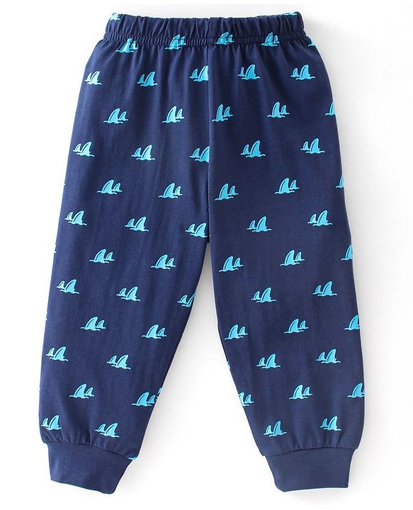 Babyhug Cotton Knit Full Sleeves Night Suit With Text Print - Navy Blue