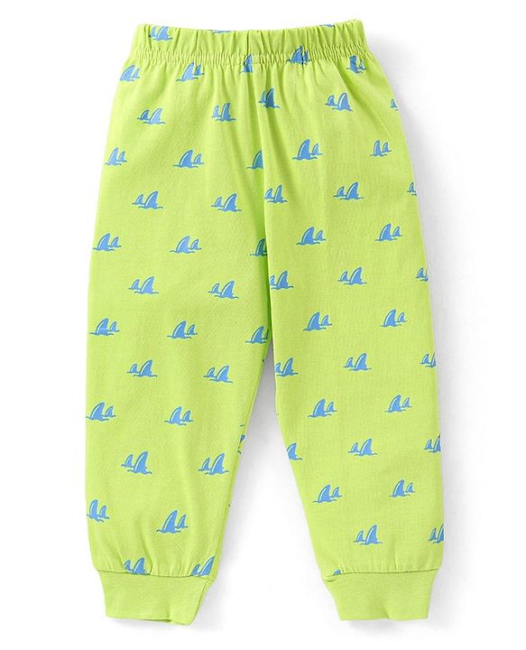 Babyhug Cotton Knit Full Sleeves Night Suit With Text Print - Green
