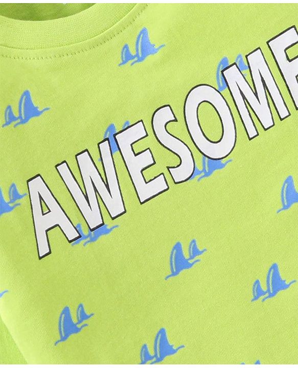 Babyhug Cotton Knit Full Sleeves Night Suit With Text Print - Green