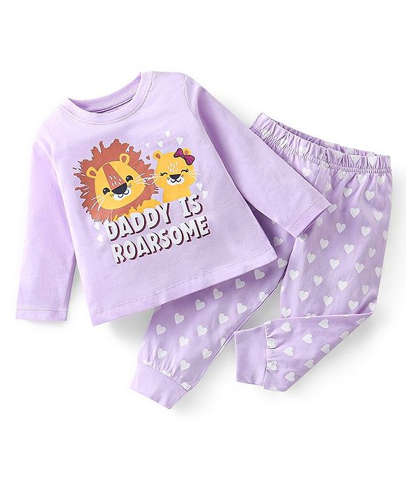 Babyhug Single Jersey Cotton Knit Full Sleeves Night Suit Lion Print - Lavender