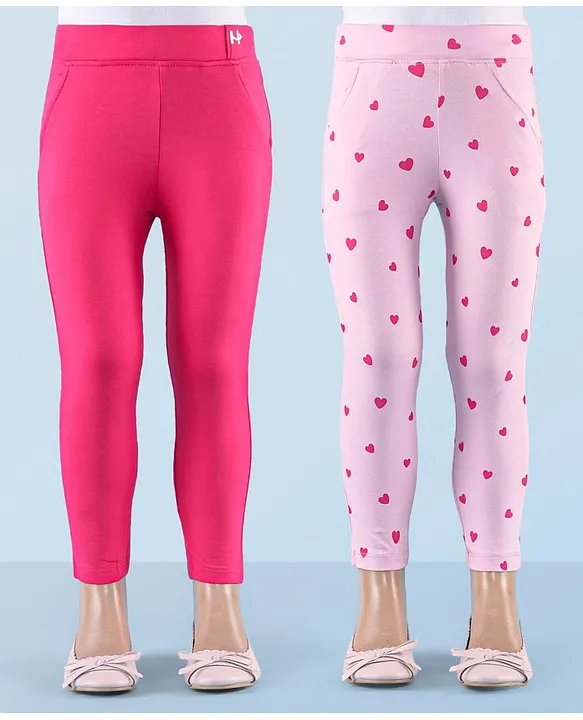 Honeyhap Premium Cotton Elastane Knit Super Soft Stretchable Ankle Length  Leggings with Bio Finish Solid Color & Heart Print Pack of 2 - Fuchsia Pink