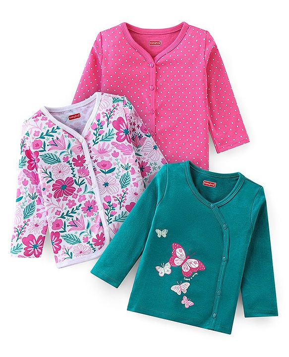 Babyhug 100% Cotton Knit Full Sleeves Floral  Printed Vests Pack of 3 - Multicolour