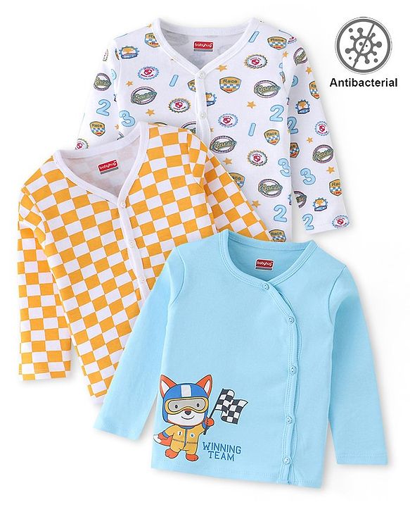 Babyhug 100% Cotton Knit Antibacterial Full Sleeves Front Open Jhablas Race Print Pack of 3 - Multicolour