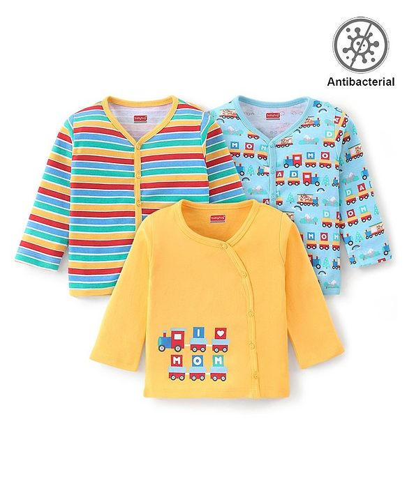 Babyhug Cotton Knit Antibacterial Full Sleeves Vests Stripes & Train Print Pack of 3 - Blue Red & Yellow