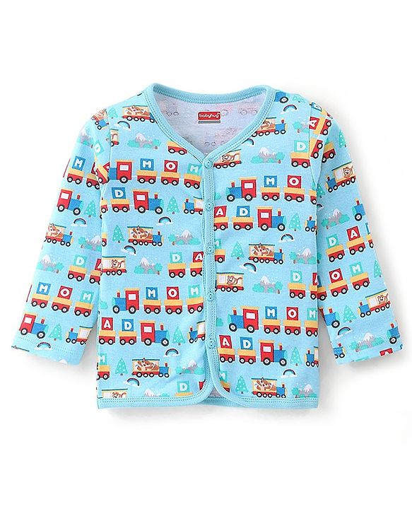 Babyhug Cotton Knit Antibacterial Full Sleeves Vests Stripes & Train Print Pack of 3 - Blue Red & Yellow