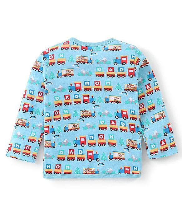 Babyhug Cotton Knit Antibacterial Full Sleeves Vests Stripes & Train Print Pack of 3 - Blue Red & Yellow