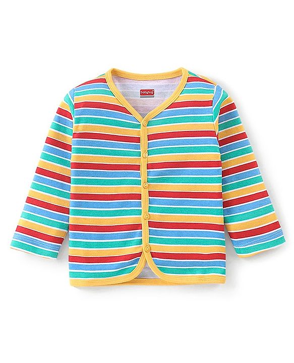 Babyhug Cotton Knit Antibacterial Full Sleeves Vests Stripes & Train Print Pack of 3 - Blue Red & Yellow
