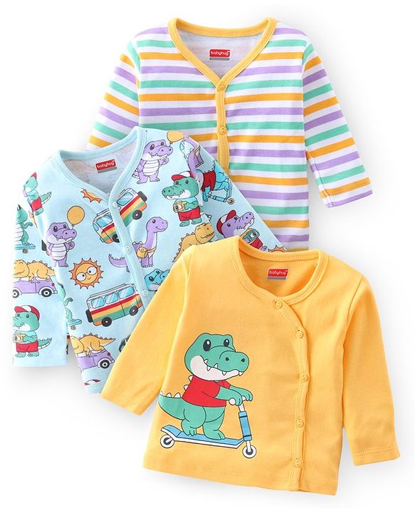 Babyhug 100% Cotton Knit Full Sleeves Antibacterial Vest Dino Print Pack of 3 - Multicolour