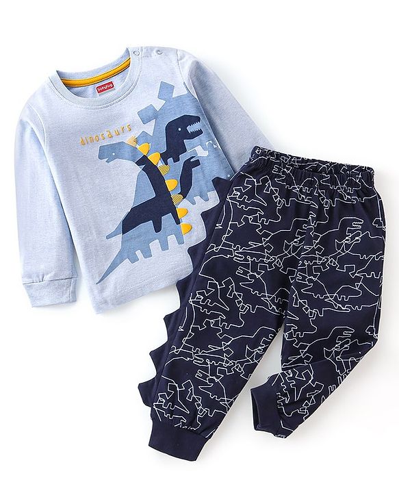 Babyhug Cotton Knit Full Sleeves Night Suit Dino Print - Navy Blue
