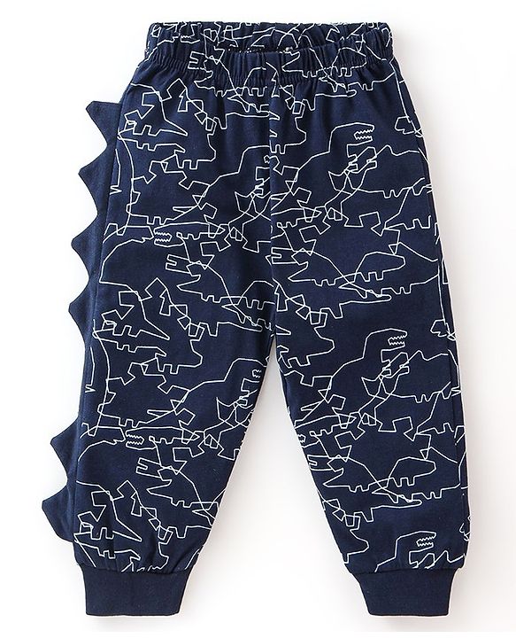 Babyhug Cotton Knit Full Sleeves Night Suit Dino Print - Navy Blue