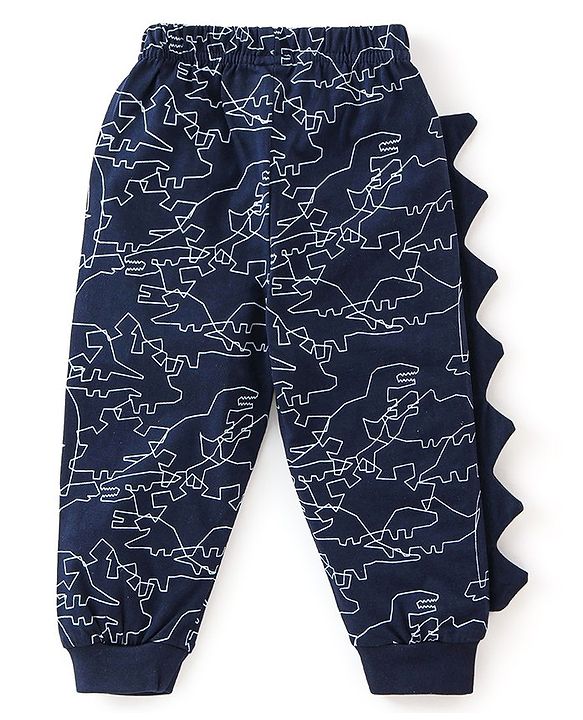 Babyhug Cotton Knit Full Sleeves Night Suit Dino Print - Navy Blue