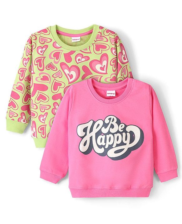 Babyhug Cotton Knit Full Sleeves Sweatshirt With Heart & Text Graphics - Pink