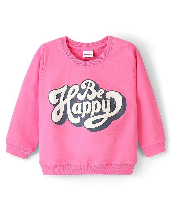 Babyhug Cotton Knit Full Sleeves Sweatshirt With Heart & Text Graphics - Pink