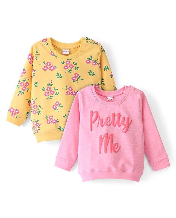 Babyhug Cotton Knit Full Sleeves Sweatshirt With Floral & Text Graphics Pack Of 2 - Pink & Yellow