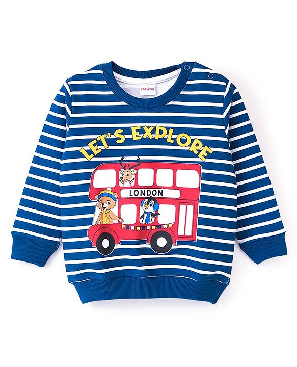 Babyhug 100% Cotton Knit Full Sleeves Striped Sweatshirt with Graphics Print - Blue & White Melange