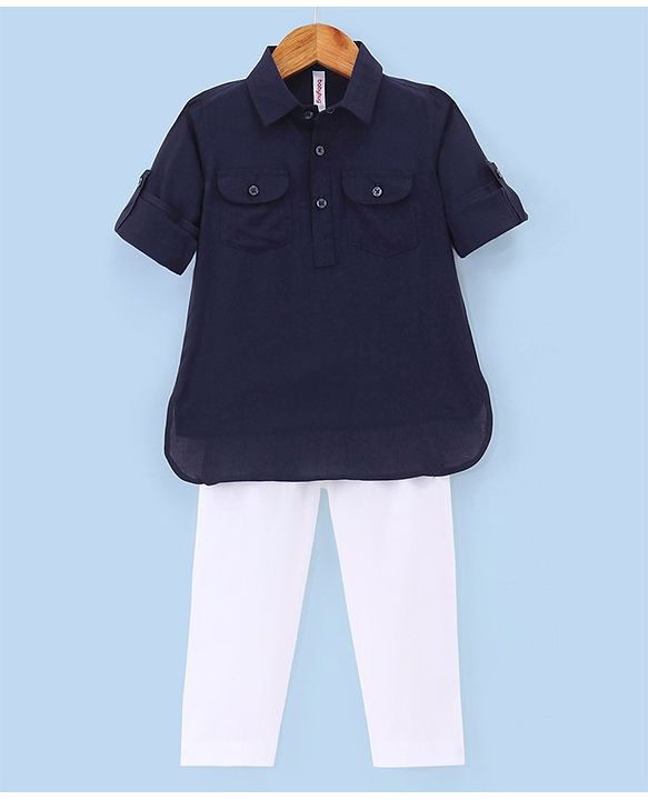Babyhug Full Sleeves Solid Pathani Kurta & Pyjama Set - Navy Blue