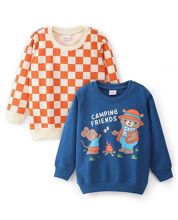 Babyhug 100% Cotton Knit Full Sleeves Checks & Mice Printed Sweatshirts Pack of 2 - Blue & Orange