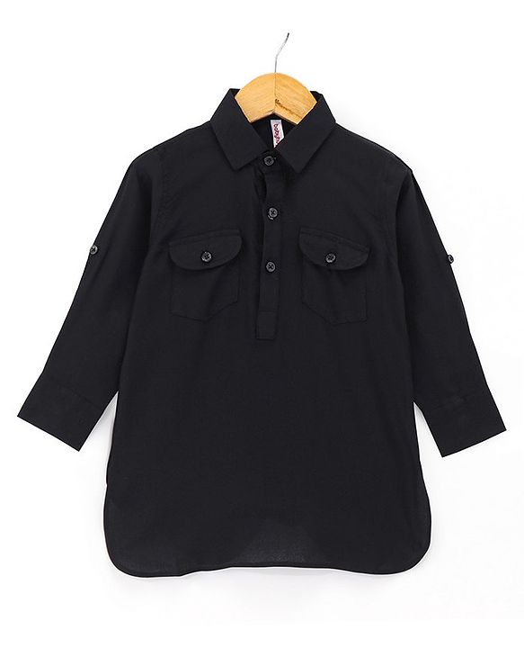 Babyhug Full Sleeves Solid Pathani Kurta & Pyjama Set - Black
