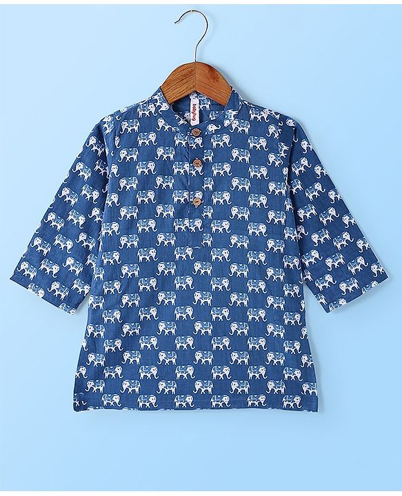Babyhug Cotton Woven Full Sleeves Kurta and Pajama Set Elephant Print - Blue