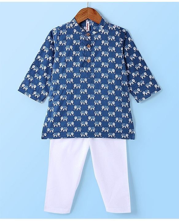 Babyhug Cotton Woven Full Sleeves Kurta and Pajama Set Elephant Print - Blue
