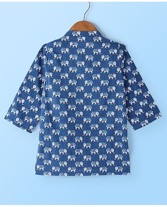 Babyhug Cotton Woven Full Sleeves Kurta and Pajama Set Elephant Print - Blue