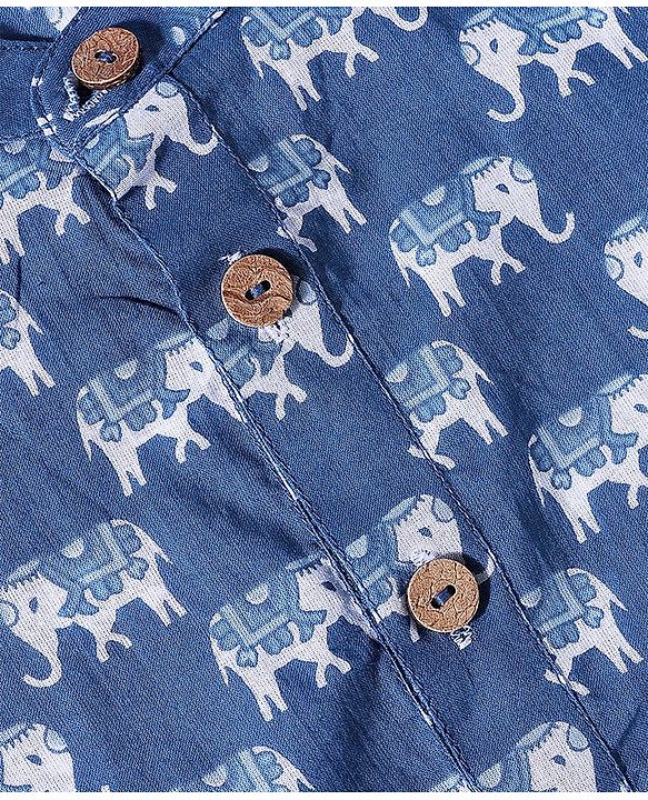 Babyhug Cotton Woven Full Sleeves Kurta and Pajama Set Elephant Print - Blue