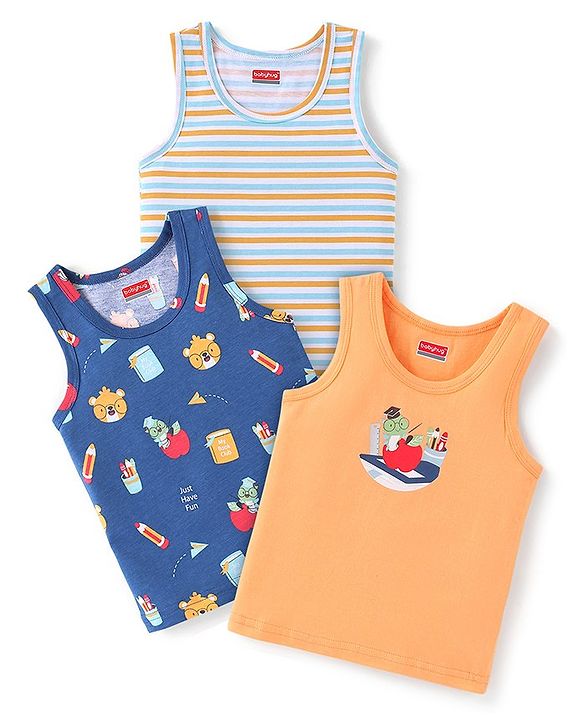 Babyhug 100% Cotton Knit Sleeveless Striped Sando Pack of 3 - Multicolour