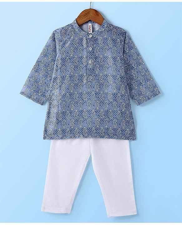 Babyhug Cotton Woven Full Sleeves Kurta and Pajama Set Block Print - Grey