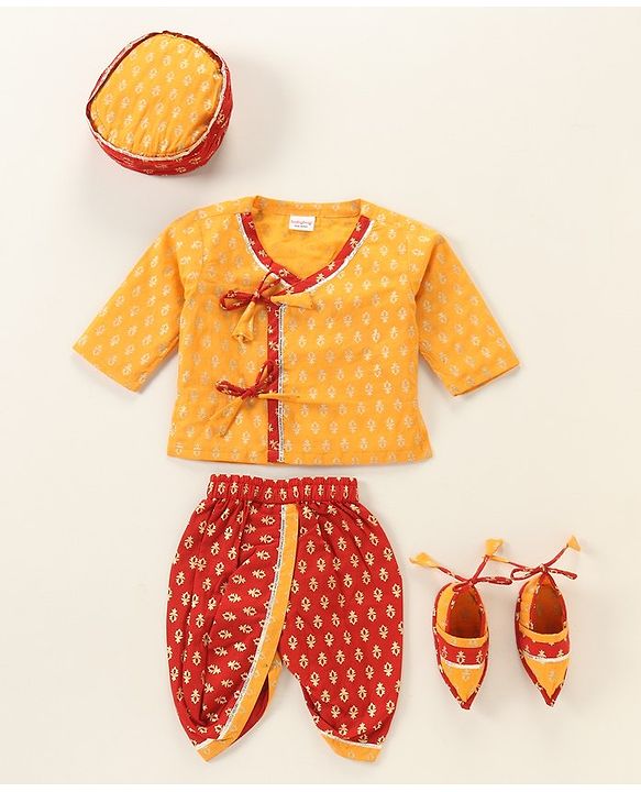 Babyhug Woven Full Sleeves Kurta & Dhoti Set with Cap & Booties Bandhani Print - Red & Yellow