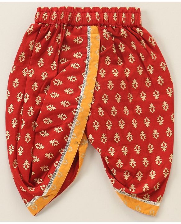 Babyhug Woven Full Sleeves Kurta & Dhoti Set with Cap & Booties Bandhani Print - Red & Yellow