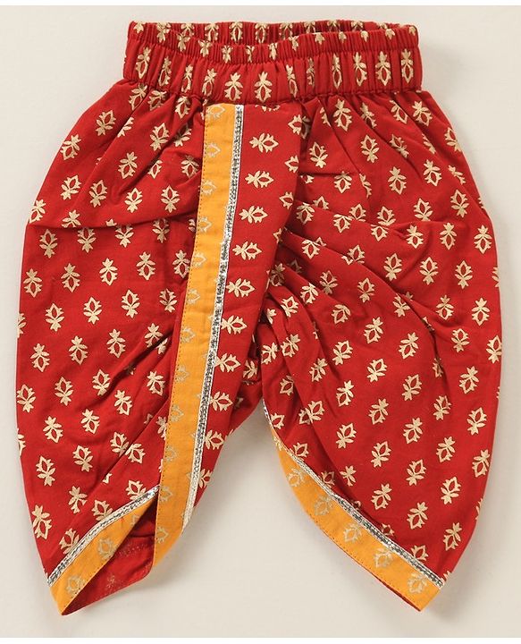 Babyhug Woven Full Sleeves Kurta & Dhoti Set with Cap & Booties Bandhani Print - Red & Yellow