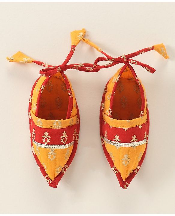 Babyhug Woven Full Sleeves Kurta & Dhoti Set with Cap & Booties Bandhani Print - Red & Yellow