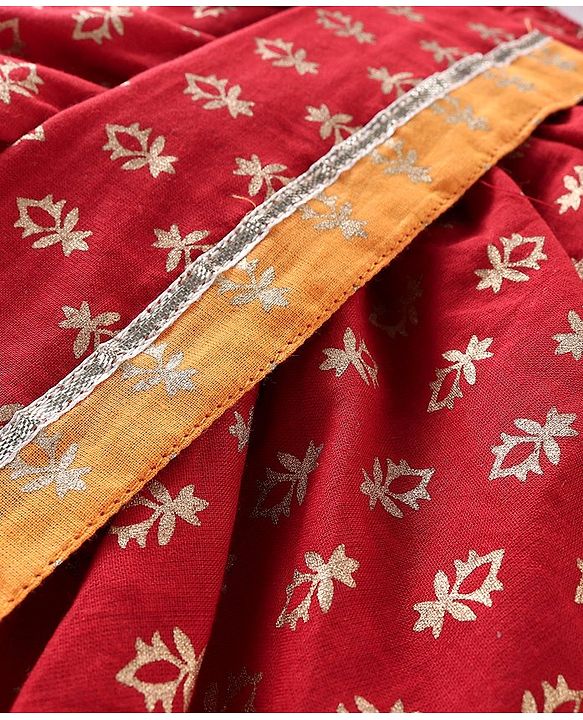 Babyhug Woven Full Sleeves Kurta & Dhoti Set with Cap & Booties Bandhani Print - Red & Yellow
