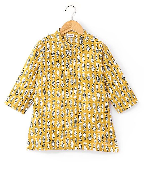 Babyhug 100% Cotton Woven Full Sleeves Kurta & Dhoti Set Marine Life Print - Yellow