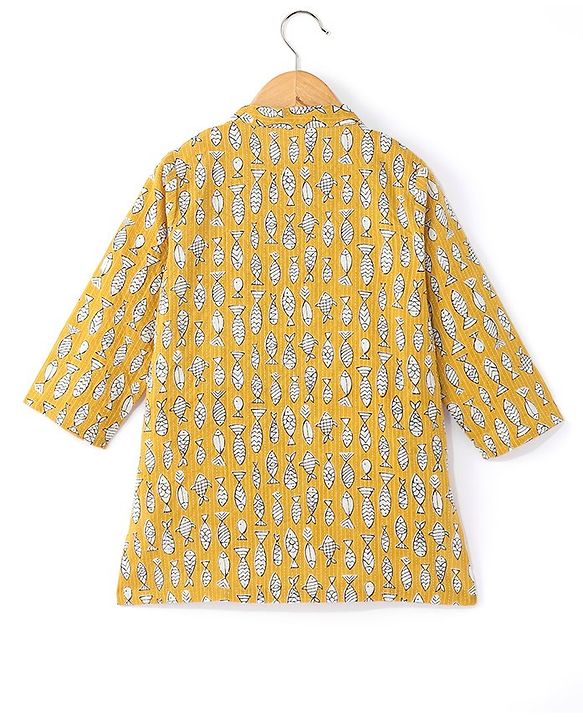 Babyhug 100% Cotton Woven Full Sleeves Kurta & Dhoti Set Marine Life Print - Yellow