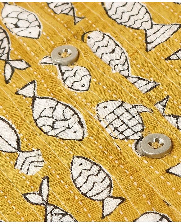 Babyhug 100% Cotton Woven Full Sleeves Kurta & Dhoti Set Marine Life Print - Yellow